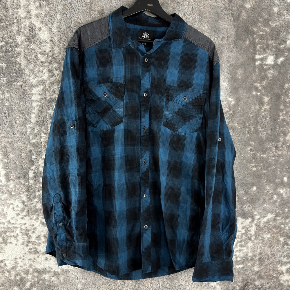 Rock & Republic Size XXL Plaid Button‎ Down Shirt Blue Long Sleeve Mens